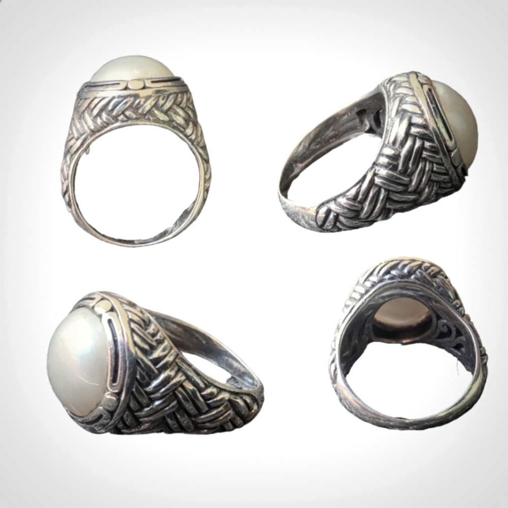 Sterling Silver basketweave ring with genuine pearl